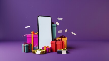 A cell phone is on top of a pile of presents