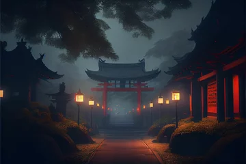 Fotobehang AI generated illustration of hyper-realistic torii gates and lit lanterns in the evening © Wirestock