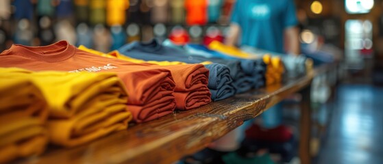A display of shirts with a yellow shirt with the word "love" on it