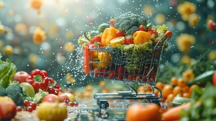 A shopping cart full of vegetables and fruits - obrazy, fototapety, plakaty