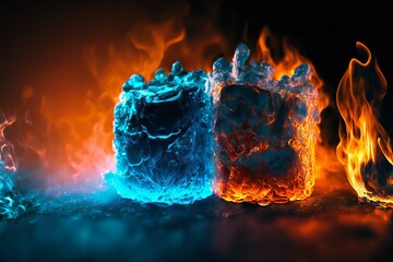 AI generated illustration of frozen water and fire cubes facing each other
