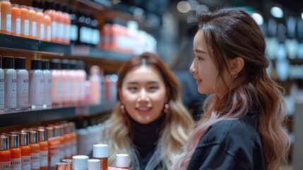 Sales asian girls at a cosmetics shop showing skin care product to a woman.