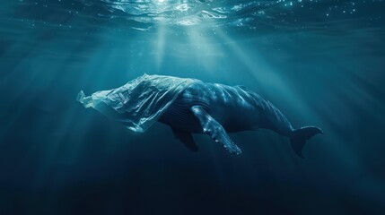 A blue whale sits on a pile of plastic bags. Plastic bags pollute the ocean. Concept of environmental conservation.