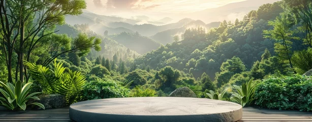 Poster Empty Round Podium Overlooking Scenic Forest Landscape at Sunrise © _veiksme_