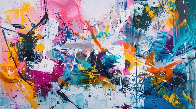 A dynamic abstract expressionist artwork filled with energetic brushstrokes and vibrant splashes of color on a large canvas.