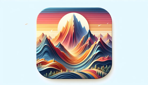 3d flat icon as Mountain Majesty Majestic peaks painted in sunrise hues invite adventure. in nature and landscapes theme with isolated white background ,for advertisement and banner, Full depth of fie