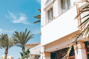 Fototapeta premium Blank store signboard with palm trees in a sunny sky at day