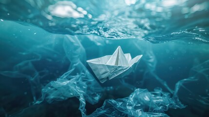 A Plastic bag background with a folded paper boat on it. Plastic bags pollute the ocean. Concept of environmental conservation. - obrazy, fototapety, plakaty