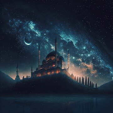 an image of a castle with mountains, a night sky and some stars