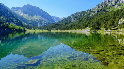 Fototapeta na wymiar Crystal-clear lake reflecting a serene mountain landscape AI generated illustration