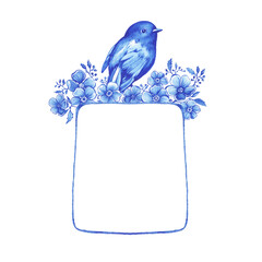 Label with space for copying text, decorated with blue flowers and a bird. Hand drawn watercolor painting on white background