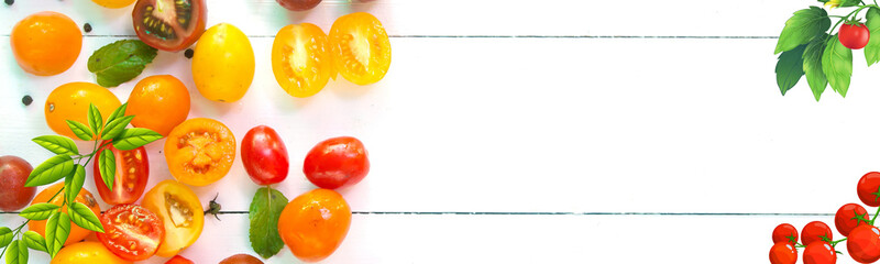 Various colorful tomatoes and mint leaves Isolated on a white wooden background, top view, flat...