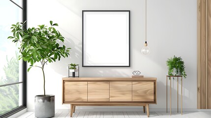 blank poster frame mockup on white wall living room with wooden sideboard with small green plant