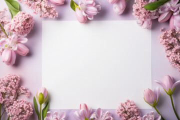 Advertising background with spring delicate flowers and white blank letter. Mother's day, March 8, birthday concept. Top view, flat lay. Space for text