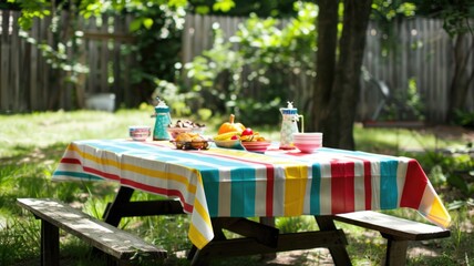 outdoor picnic table draped in a wide-striped tablecloth in cheerful colors, perfect for a summer gathering in circus tent chic style