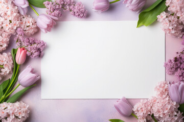 Advertising background with spring delicate flowers and white blank letter. Mother's day, March 8, birthday concept. Top view, flat lay. Space for text