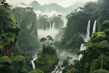 AI generated illustration of a tall stream and waterfall cascading through lush green tropical hills