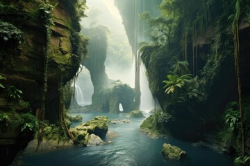 AI generated illustration of a tall stream and waterfall cascading through lush green tropical hills - obrazy, fototapety, plakaty