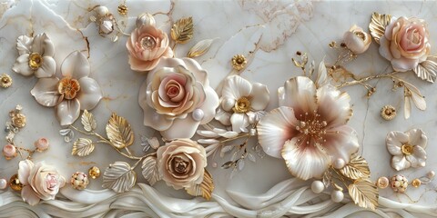 Soft colored marble mural featuring golden flowers  on a white background.