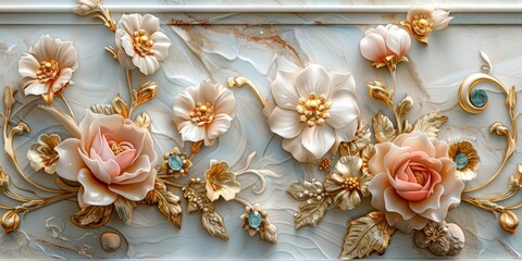 Soft colored marble mural featuring golden flowers  on a white background.