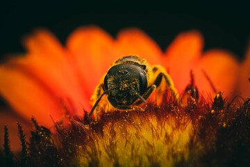 Close-up image of a native bee of the southeast united states, hovering over a yellow flower