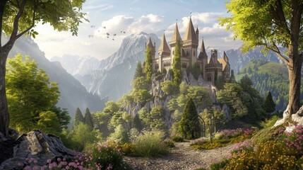 Fototapeta premium Enchanted castles in a fairy tale setting AI generated illustration