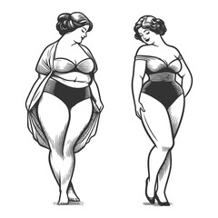 Body positive women in retro swimwear confidence in diverse body types sketch engraving generative ai fictional character raster illustration. Scratch board imitation. Black and white image. - obrazy, fototapety, plakaty
