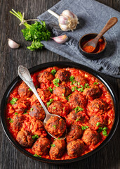 Albondigas, mexican meatballs in dish, top view