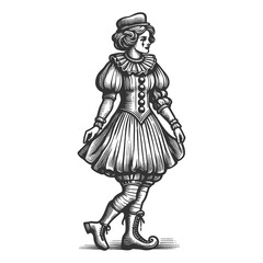 Fototapeta premium vintage pin-up clown girl wearing a corset and stockings, in a classic pose sketch engraving generative ai fictional character raster illustration. Scratch board imitation. Black and white image.