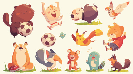 Animals play football cartoon theme elements Flat vector