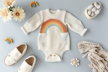 Bohemian style of newborn baby bodysuit with knitted rainbow, onesie, beanie, overalls and shoes. Child flat lay. Neutral colors grey background. Perfect for infant baby outfit fashion collection