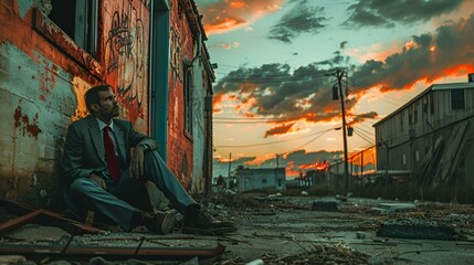 a man sitting in the dirt with a red tie and suit - obrazy, fototapety, plakaty