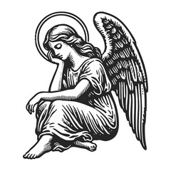 Obraz premium Pensive bored angel sketch engraving generative ai fictional character raster illustration. Scratch board imitation. Black and white image.