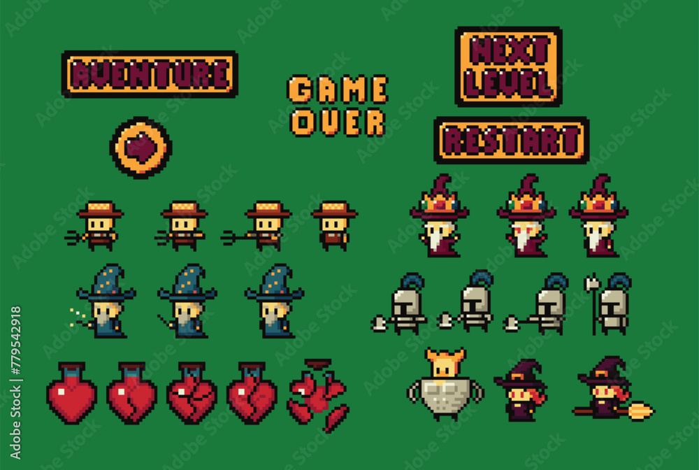 Aufkleber set of minimalistic pixel art vector objects isolated. pixel game buttons. video nostalgic game pixe
