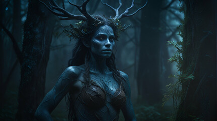 vampire in the woods,In the midst of a mist-laden forest, a hauntingly beautiful dryad with gnarled branches for limbs emerges from the shadows in an HDR photograph.  - obrazy, fototapety, plakaty