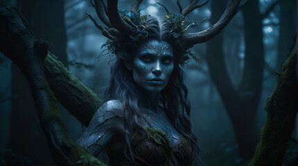 In the midst of a mist-laden forest, a hauntingly beautiful dryad with gnarled branches for limbs emerges from the shadows in an HDR photograph. The image is a striking photograph captured in vivid de - obrazy, fototapety, plakaty
