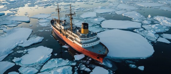 Icebreaker Ship Navigating Through Arctic Ice Floes - 779543156