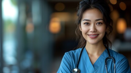 a female nurse wearing scrubs smiles and stands with her arms crossed - obrazy, fototapety, plakaty