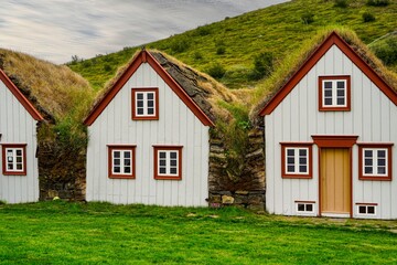 Fototapeta na wymiar Historic Icelandic Turf House with Modern Facade