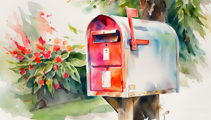 Vibrant watercolor illustration of an open, flag-up mailbox surrounded by lush foliage, evoking themes of communication, spring season, and National Postal Worker Day