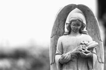 Spiritual angel serving God as a guardian of human beings. Black and white image.