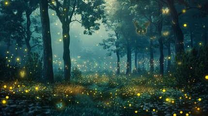 Glowing fireflies lighting up a forest at night  AI generated illustration