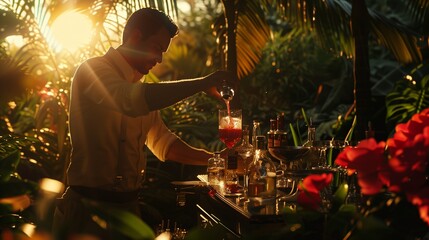 Bartender mixing cocktails in an outdoor bar at sunset, AI-generated.