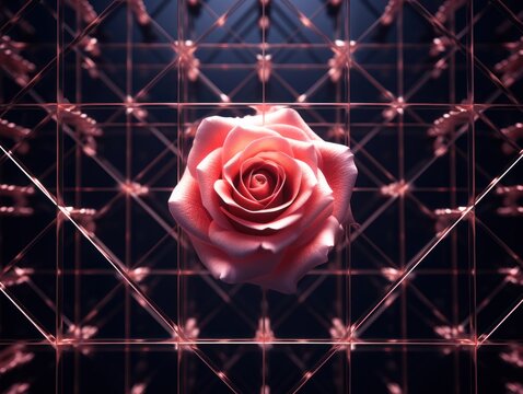 rose light grid on dark background central perspective, futuristic retro style with copy space for design text photo backdrop