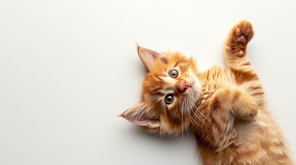 Fototapeta na wymiar Adorable Orange Kitten Lying Back on White Background.