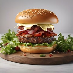 AI generated illustration of a large hamburger patty is displayed on a wooden cutting board