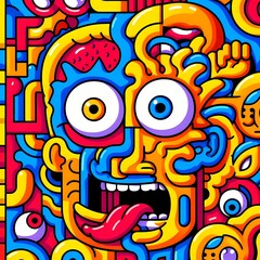 AI generated illustration of a whimsical cartoon background with eyes and a tongue