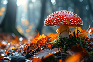 Beautiful big fly agaric in the autumn cloudy forest. Generated by artificial intelligence - obrazy, fototapety, plakaty