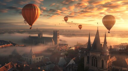 Magical hot air balloons floating over a city  AI generated illustration - obrazy, fototapety, plakaty