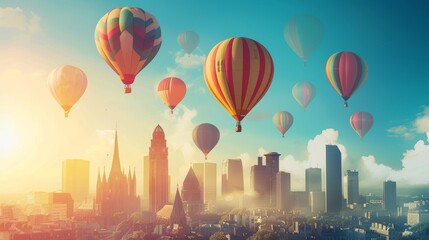 Fototapeta na wymiar Magical hot air balloons floating over a city AI generated illustration